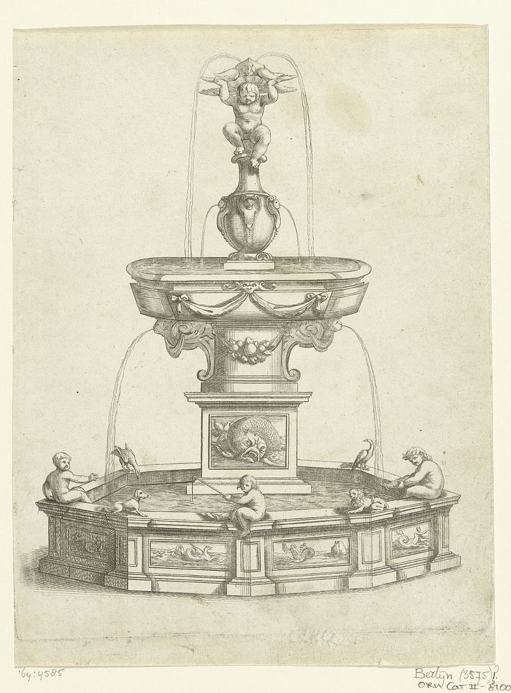 Fontein met waterbassin op hoog voetstuk (1680 - 1707) by anonymous, Francesco Fanelli and Nicolas Langlois II