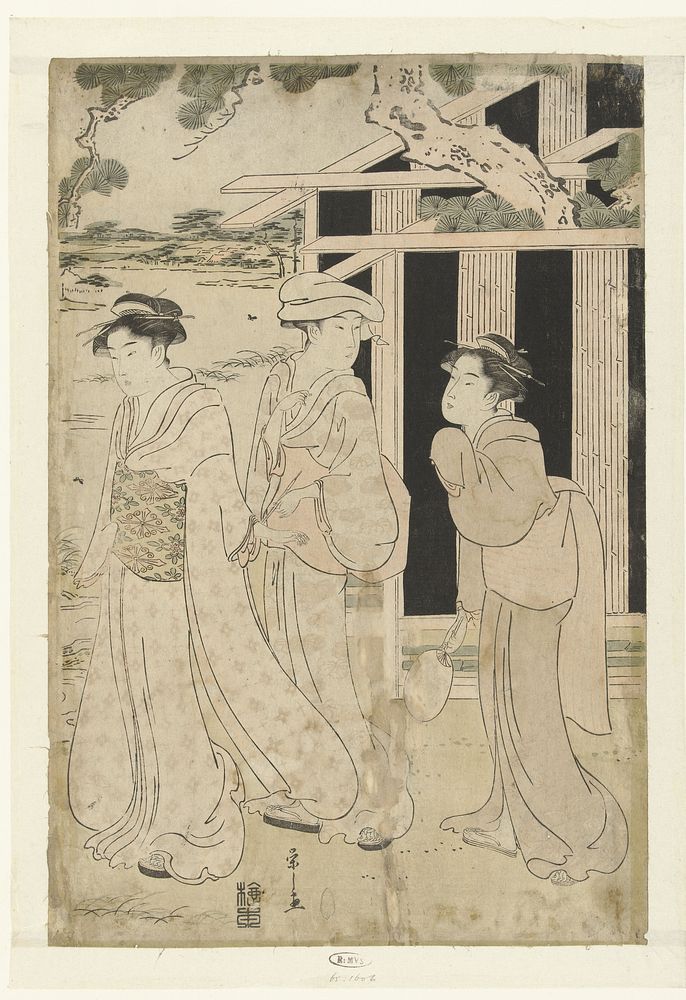 Drie vrouwen wandelend bij meer (1793 - 1797) by Hosoda Eishi