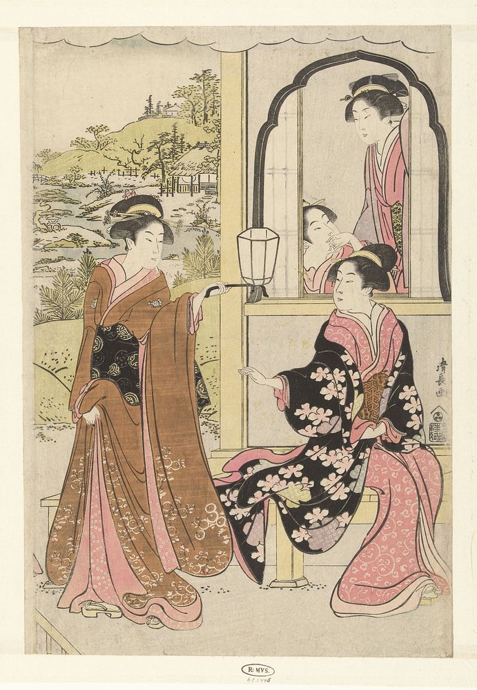 Vier hofdames luisterend naar het fluitspel van Yoshitsune (1793 - 1797) by Torii Kiyonaga and Nishimura Yohachi