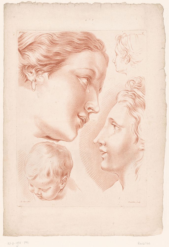 Drie vrouwenhoofden en een kinderhoofd (1784 - 1796) by Roubillac, Pierre Thomas Le Clerc and Mondhare and Jean