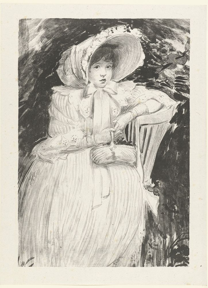 Zittend meisje met hoed op stoel met mand op schoot (1895) by Jacques Émile Blanche, L Epreuve and P Lemaire
