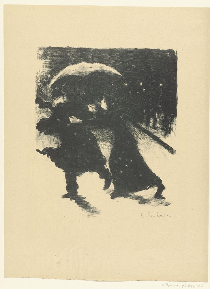 Man en vrouw onder paraplu in sneeuw bij avond (1895) by Edouard Crébassa, L Epreuve and P Lemaire