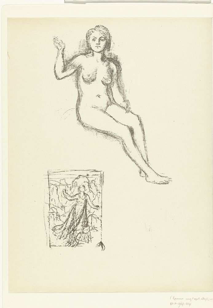 Zittende naakte vrouw en vrouw in landschap (1895) by Pierre Cécile Puvis de Chavannes, Pierre Cécile Puvis de Chavannes, L…