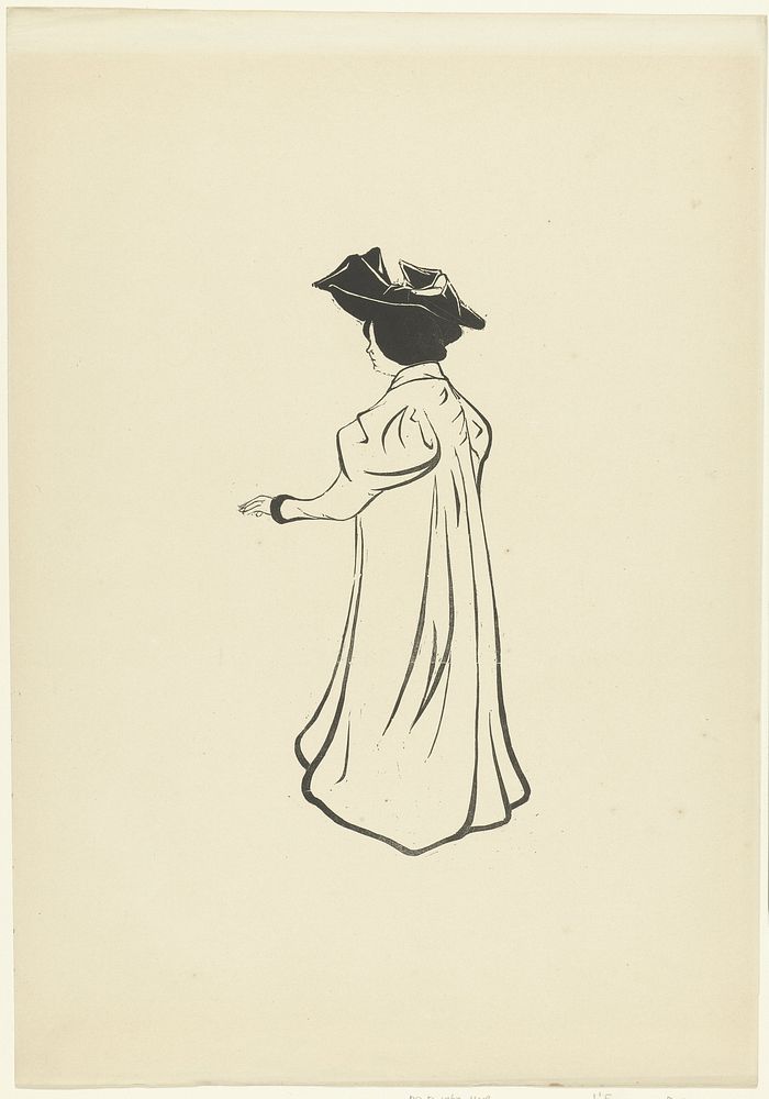 Staande vrouw met hoed en uitgestoken arm (1895) by Maurice Delcourt, L Epreuve and P Lemaire