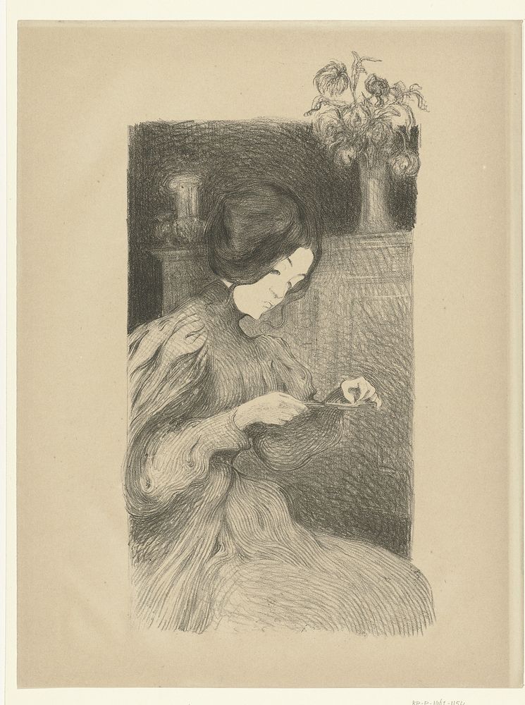 Zittende vrouw met voorwerp in handen (1895) by B A Neuberger, B A Neuberger, L Epreuve and P Lemaire