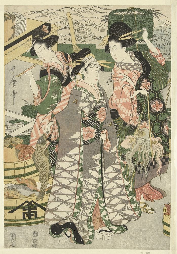Gezicht op de vismarkt op het strand te Shiba (1807) by Utamaro II  Kitagawa and Omiya Yohei Shoeido