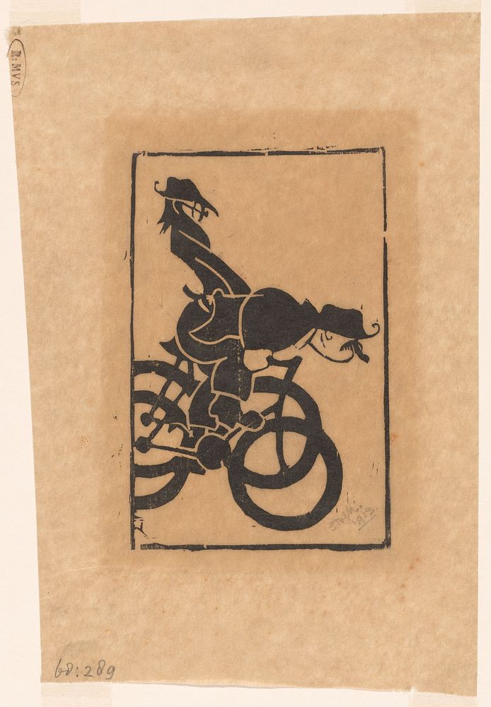 Karikatuur van Chris Lebeau en Frits Grabijn op de fiets (1913) by Reijer Stolk