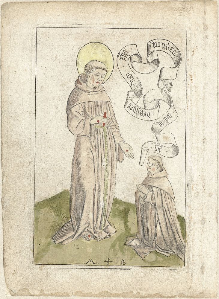 Heilige Franciscus met knielende franciscaan (1450 - 1500) by Monogrammist MB Nederlanden