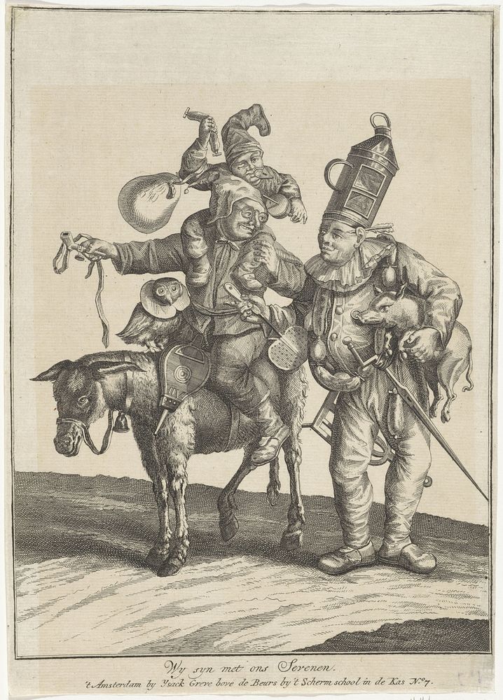 Verklede figuren met verschillende dieren (1700 - 1749) by anonymous, Cornelis Dusart and Isaac Greve
