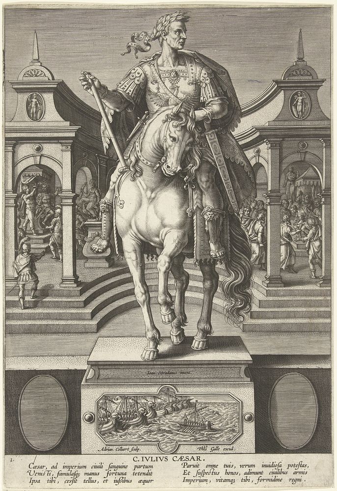 Julius Caesar te paard (1587 - 1589) by Adriaen Collaert, Jan van der Straet and Philips Galle
