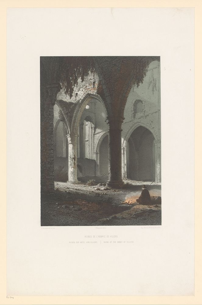 Man bij een vuur bij de ruïne van de abdij van Villers (1852 - 1878) by François Stroobant, François Stroobant, Simonau and…
