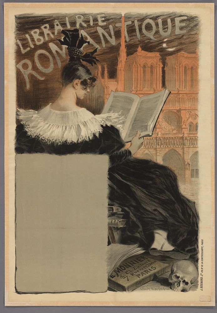 Affiche voor de Librairie Romantique (1887) by Eugène Grasset, Jean Louis Bognard and Edouard Monnier and Cie