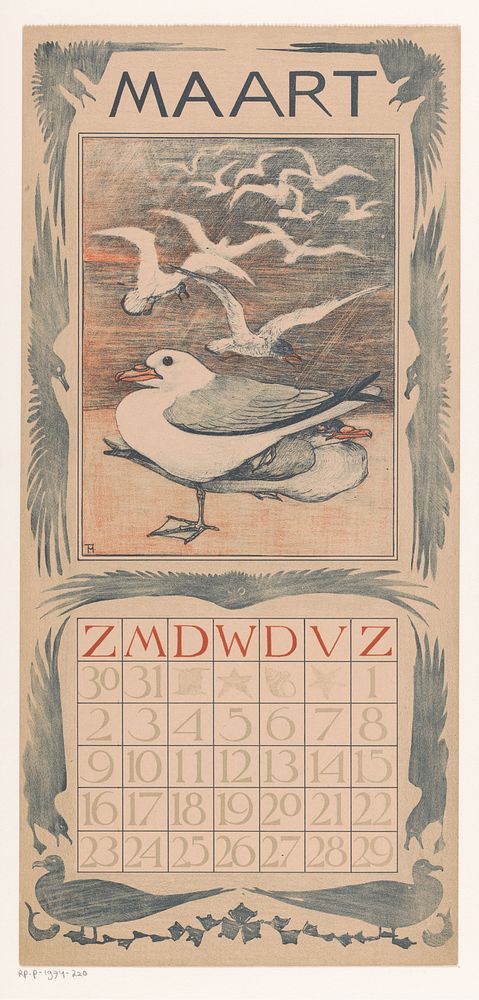 Kalenderblad maart met meeuwen (1901) by Theo van Hoytema, Gebroeders Braakensiek and Theo van Hoytema