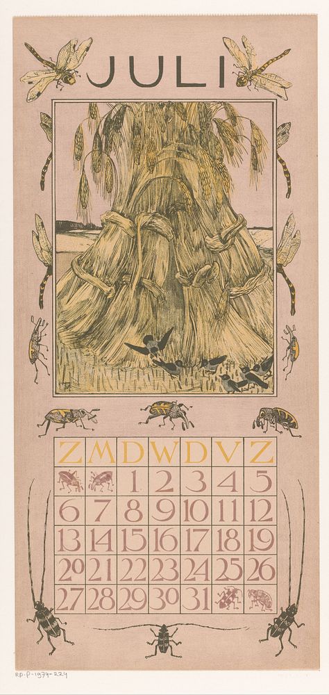 Kalenderblad juli met korenschoven (1901) by Theo van Hoytema, Gebroeders Braakensiek and Theo van Hoytema