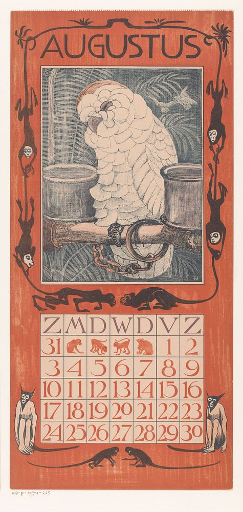 Kalenderblad augustus met kaketoe (1901) by Theo van Hoytema, Gebroeders Braakensiek and Theo van Hoytema
