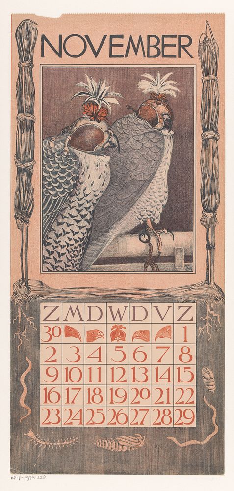 Kalenderblad november met twee valken (1901) by Theo van Hoytema, Gebroeders Braakensiek and Theo van Hoytema