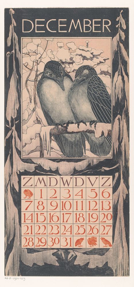 Kalenderblad december met twee vogels (1901) by Theo van Hoytema, Gebroeders Braakensiek and Theo van Hoytema