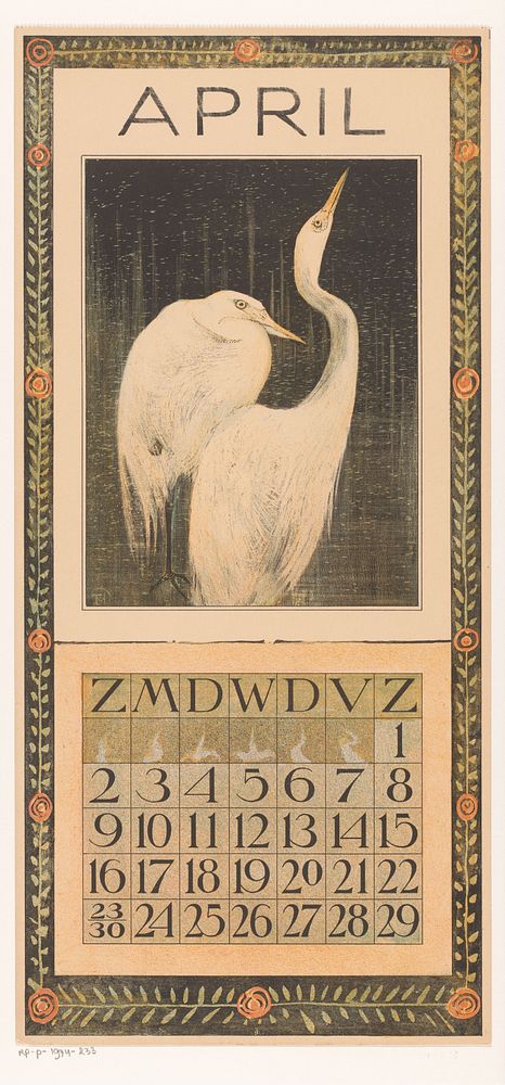 Kalenderblad april met zilverreigers (1904) by Theo van Hoytema, Tresling and Comp and Theo van Hoytema