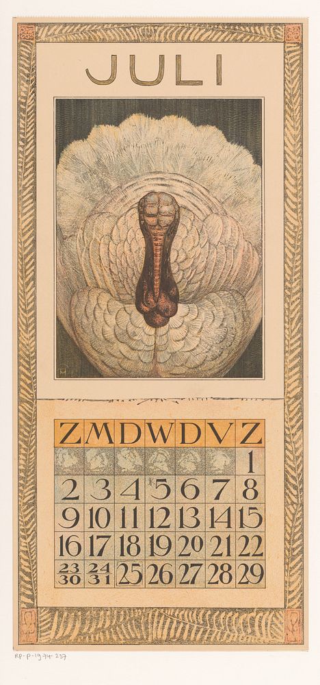 Kalenderblad juli met kalkoen (1904) by Theo van Hoytema, Tresling and Comp and Theo van Hoytema