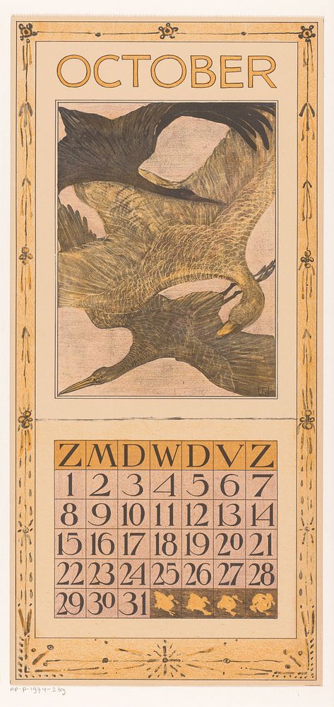 Kalenderblad oktober met drie vogels (1904) by Theo van Hoytema, Tresling and Comp and Theo van Hoytema