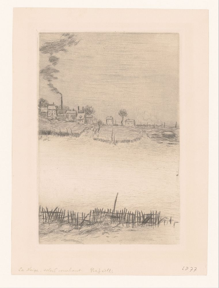 Sneeuwlandschap met hek en rij huizen (1907) by Jean François Raffaëlli