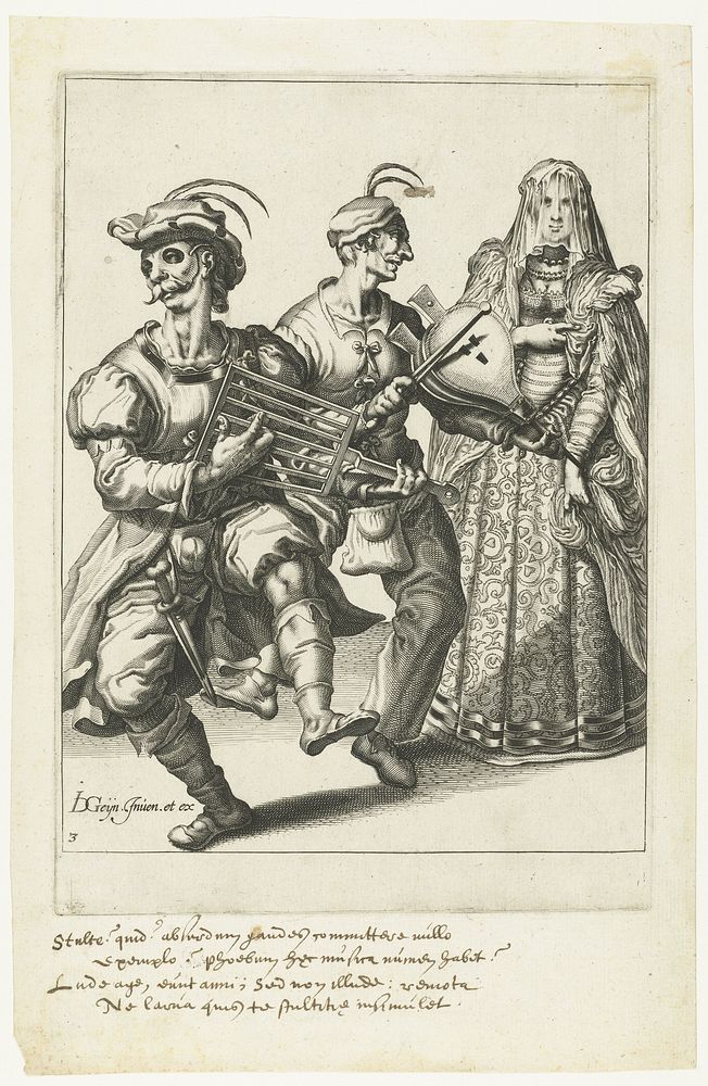 Een gesluierde dame en twee gemaskerde muzikanten (1595 - 1596) by Jacques de Gheyn II, Zacharias Dolendo, Jacques de Gheyn…