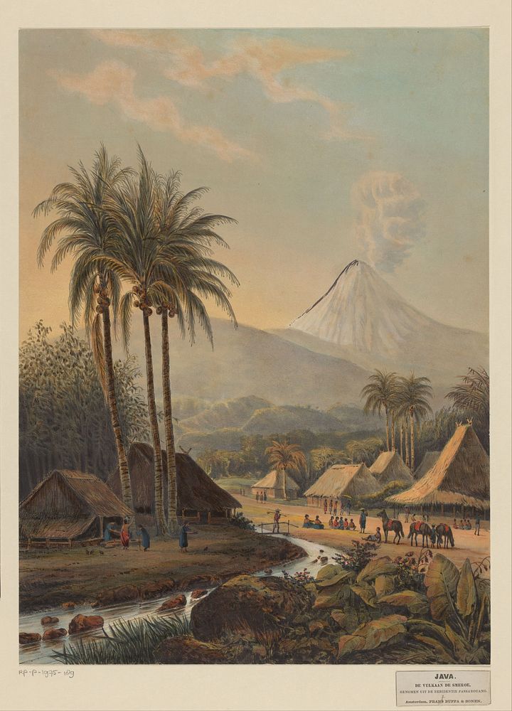 Gezicht op een dorp en de vulkaan Semeru op Java (1869) by Johan Conrad Greive, Abraham Salm and Frans Buffa en Zonen