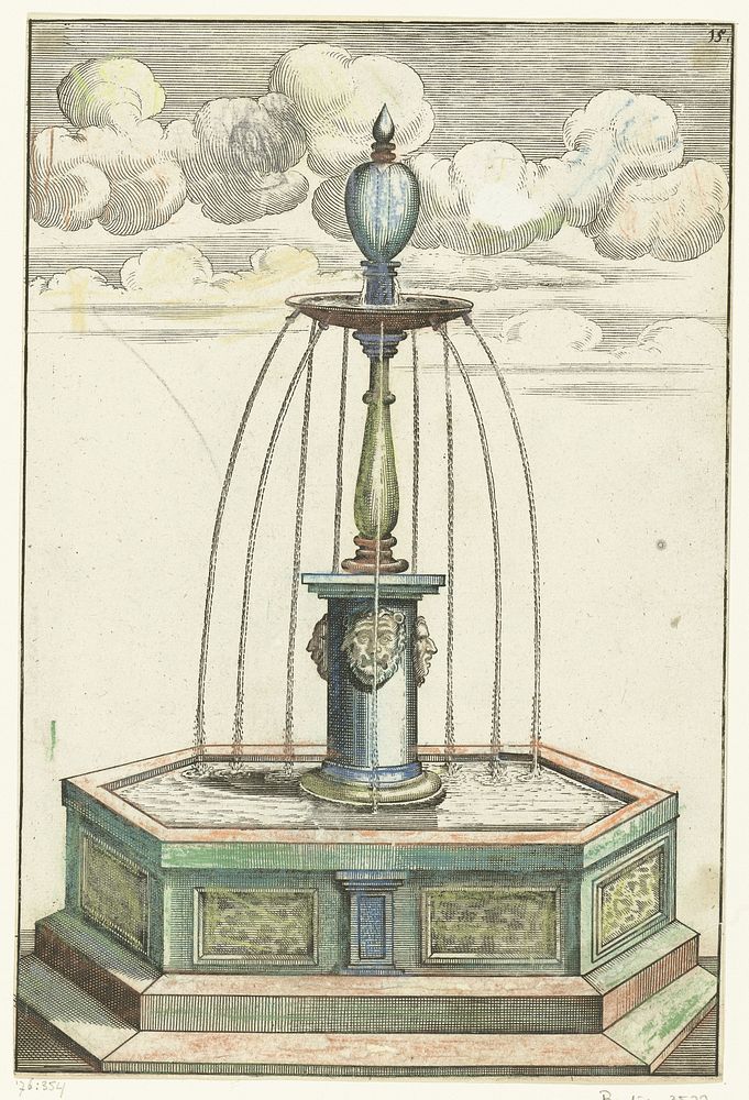 Zeshoekig bassin met korte zuil (1664) by anonymous, Georg Andreas Böckler, Christoph Gerhard and Paul Fürst