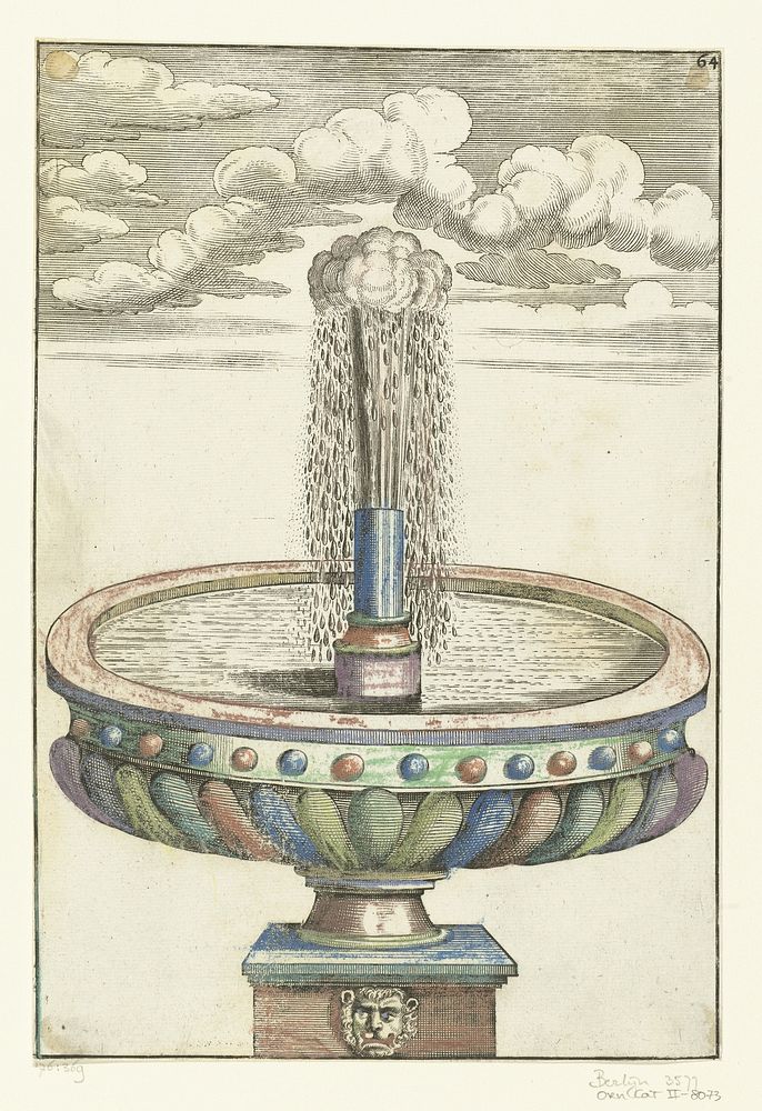 Rond bassin op voetstuk met leeuwenkop (1664) by anonymous, Georg Andreas Böckler, Christoph Gerhard and Paul Fürst