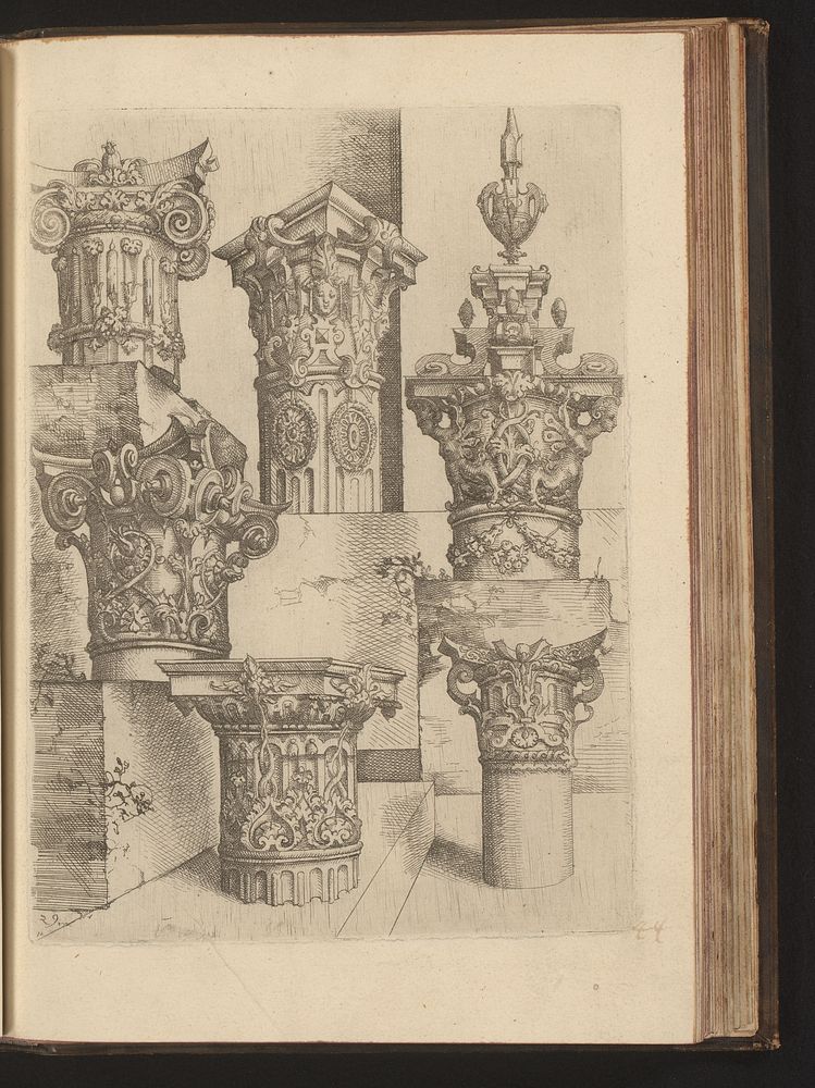 Zes composiete kapitelen gedecoreerd met harpijen, guirlandes en rolwerk (1593 - 1595) by Wendel Dietterlin I and Bernhard…
