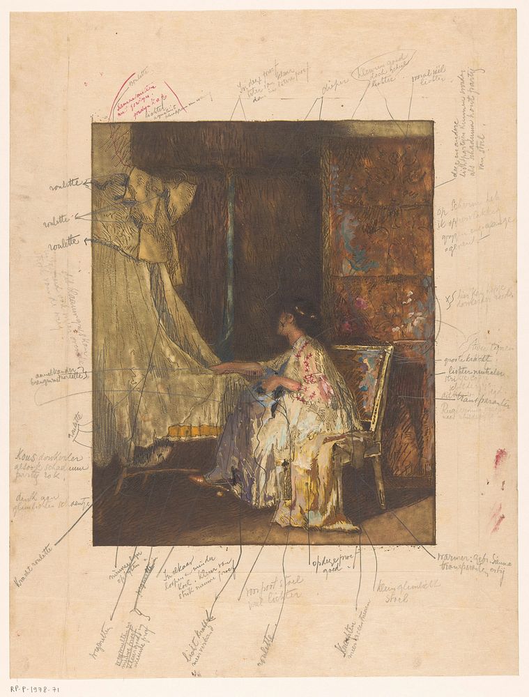 Vrouw die op een stoel naast een wieg zit (1887 - 1920) by Albert Roelofs