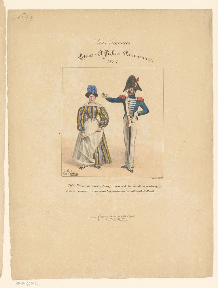 Staande vrouw en soldaat (1829 - 1830) by Charles Philipon, Victor Ratier, Hautecoeur Martinet, Gihaut frères and Violet