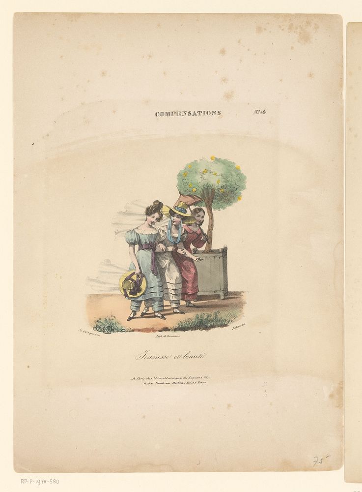 Drie jonge vrouwen met hoed en parasol (1827 - 1829) by Bernard Romain Julien, Charles Philipon, Pierre François Ducarme…