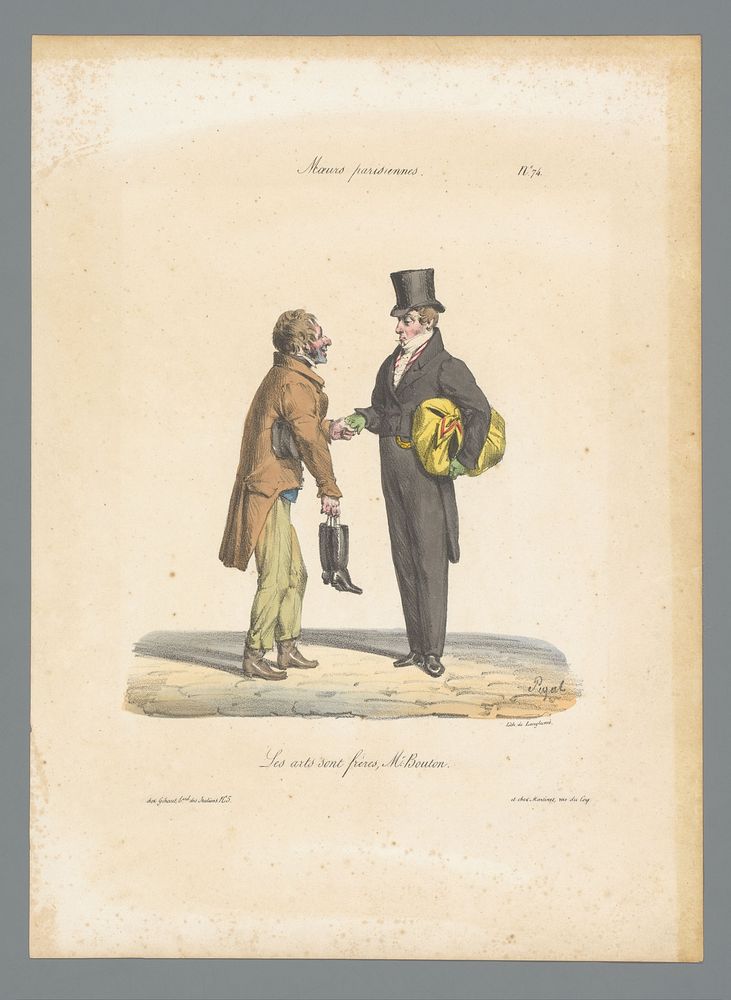 Man en elegant geklede man begroeten elkaar (1824 - 1829) by Edme Jean Pigal, Pierre Langlumé, Gihaut frères and Martinet