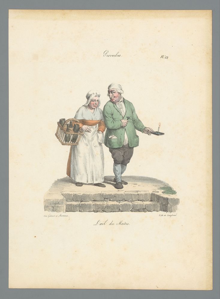 Vrouw met flessenmand en man met kaars (1818 - 1830) by Edme Jean Pigal, Pierre Langlumé and Gihaut et Martinet