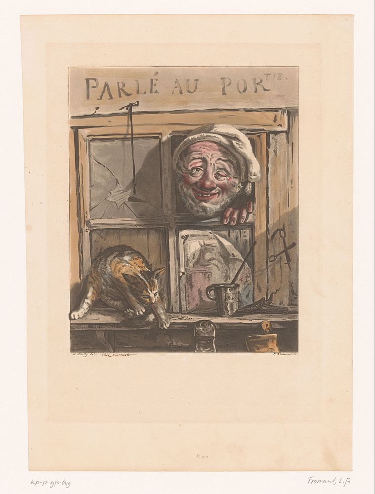 Dronken portier met kat bij het raam van een café (c. 1815) by Eugène Froment, Julien Léopold Boilly and Aaron Martinet