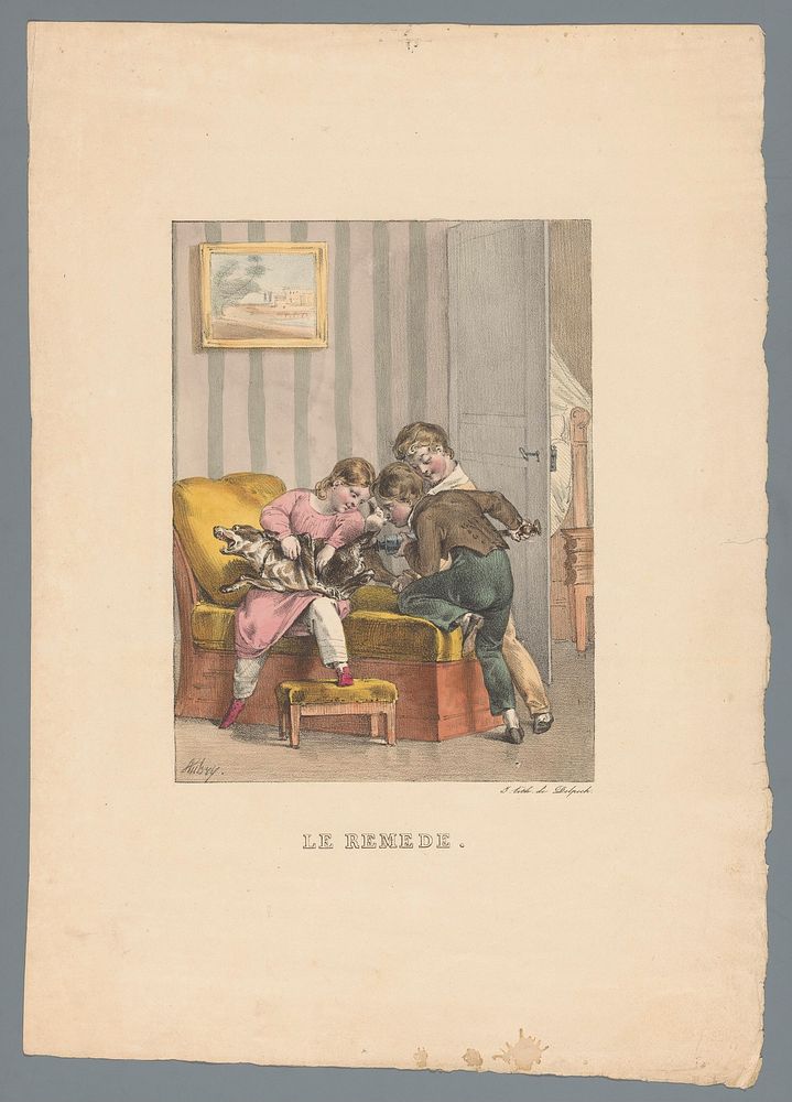 Drie kinderen geven een hond een spuit (1824) by Charles Aubry and François Séraphin Delpech