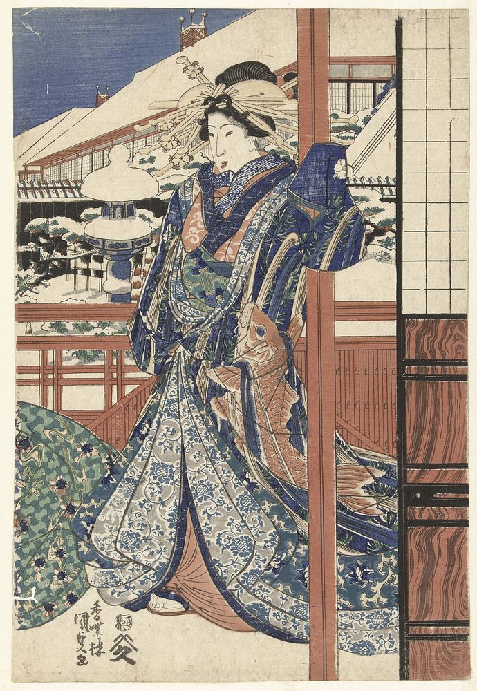 Vrouw in wintertuin (1830 - 1840) by Utagawa Kunisada I and Yamamoto Heikichi