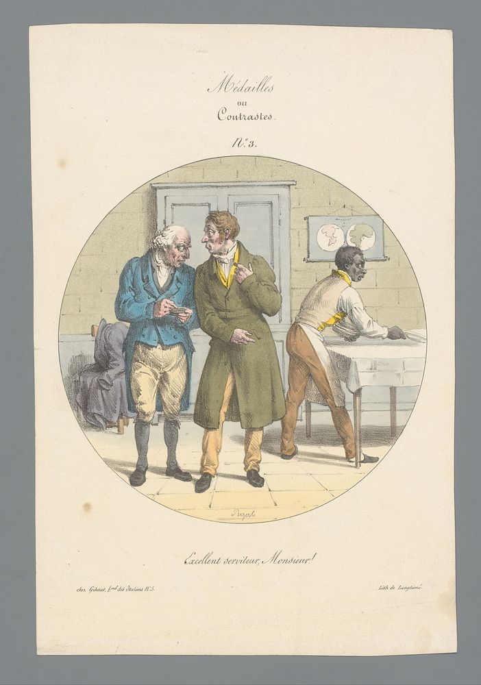 Twee witte mannen praten over een zwarte man die tafel dekt (1829) by Edme Jean Pigal, Pierre Langlumé and Antoine Gihaut