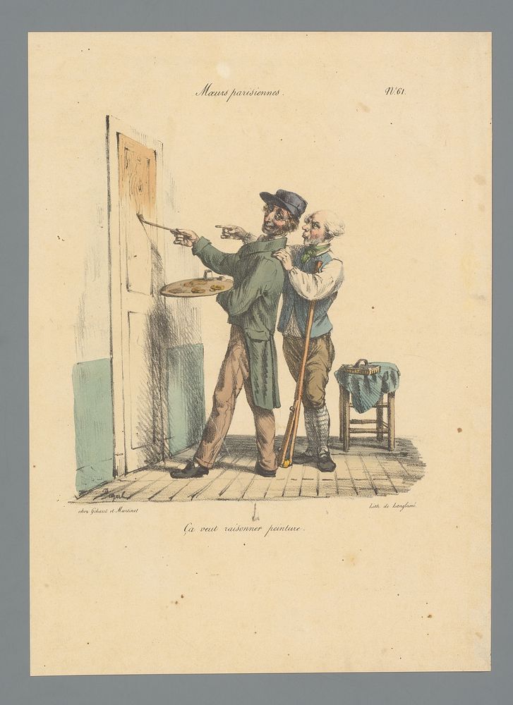 Kunstschilder met palet schildert op aanwijzing van oudere man een deur (1825) by Edme Jean Pigal, Pierre Langlumé and…