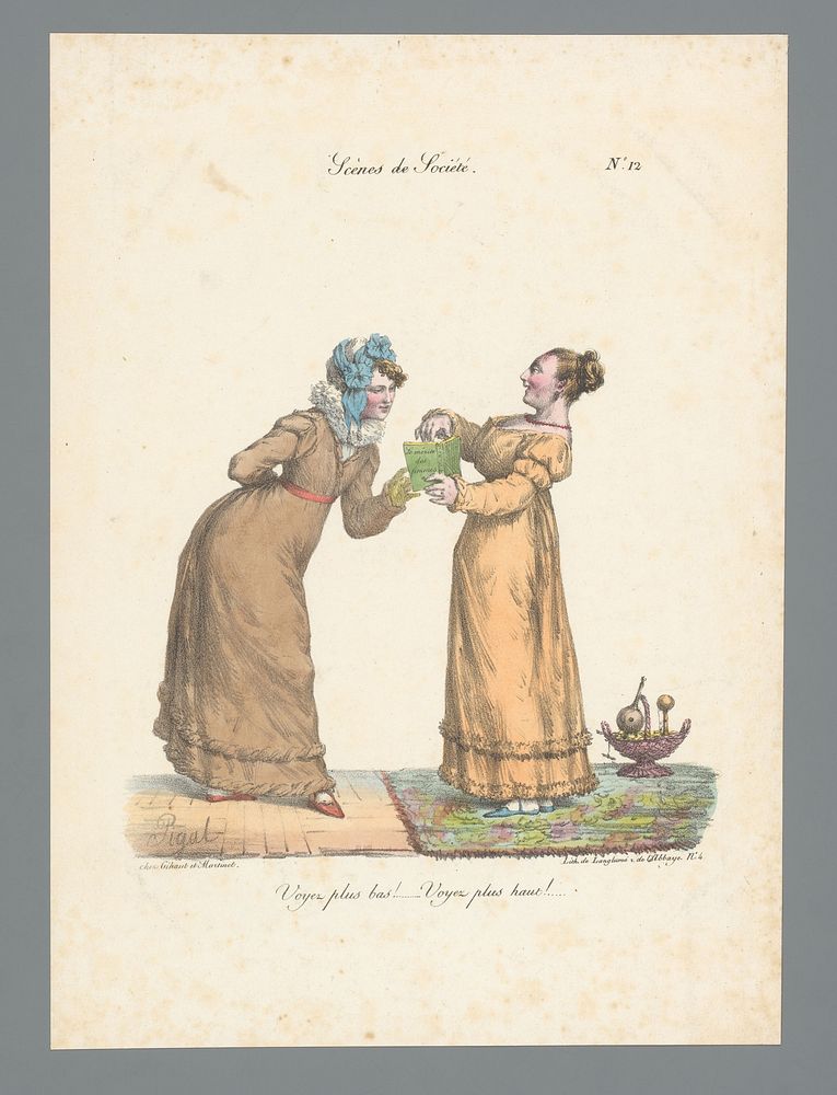 Vrouw wijst andere vrouw op passage in 'Le mérite des femmes' (1822) by Edme Jean Pigal, Pierre Langlumé and Gihaut et…
