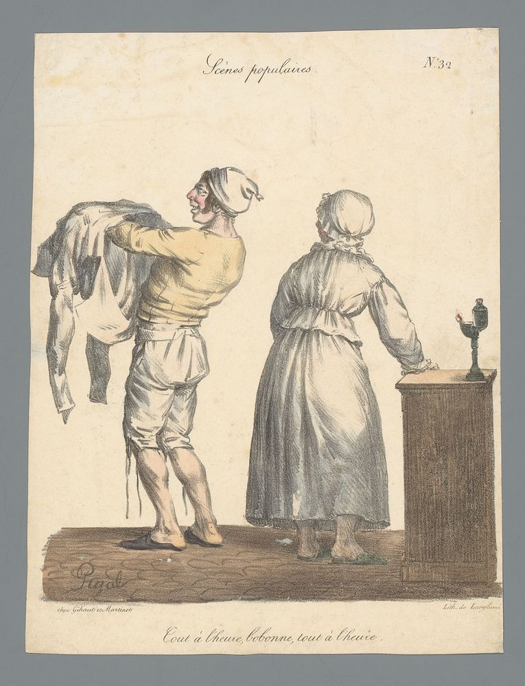 Man en vrouw in nachtkleding (1823) by Edme Jean Pigal, Pierre Langlumé and Gihaut et Martinet