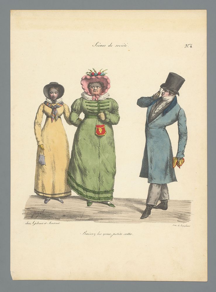 Jonge vrouw gearmd met oudere vrouw wordt bekeken door man met kijkglas (1822) by Edme Jean Pigal, Pierre Langlumé and…