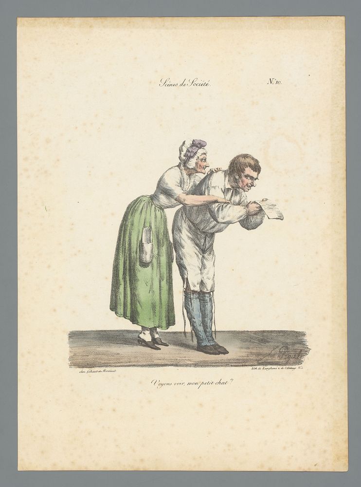 Man en vrouw bekijken beschreven of bedrukt papier (1822) by Edme Jean Pigal, Pierre Langlumé and Gihaut et Martinet