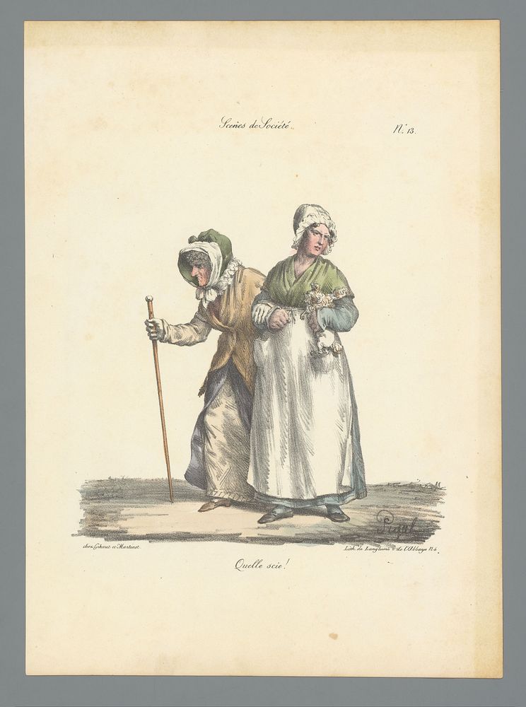 Humeurig kijkende jonge en oude vrouw lopen gearmd (1822) by Edme Jean Pigal, Pierre Langlumé and Gihaut et Martinet