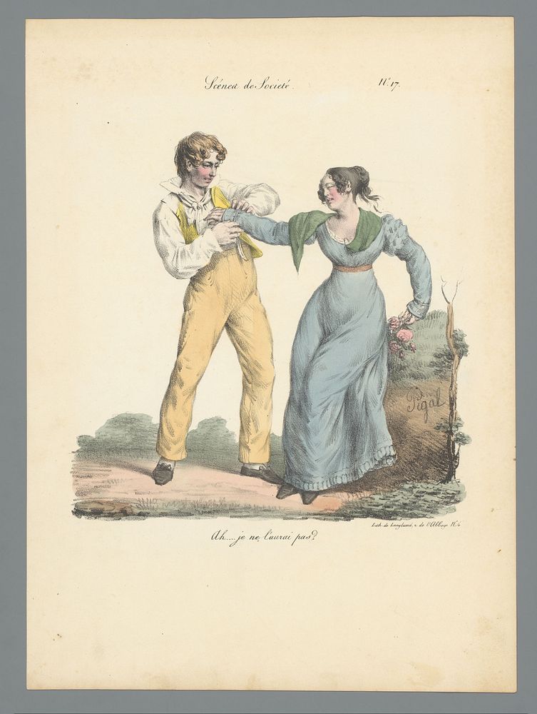 Jonge man met smartelijk kijkende jonge vrouw (1823) by Edme Jean Pigal, Pierre Langlumé and Gihaut et Martinet