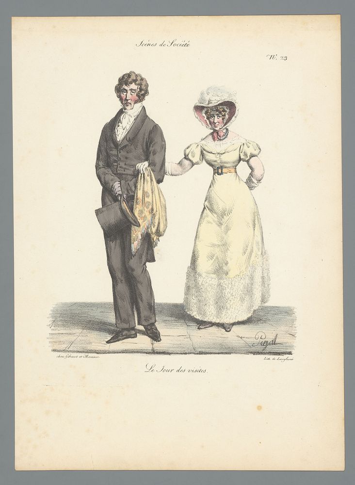 Paar is elegant gekleed voor visite (1823) by Edme Jean Pigal, Pierre Langlumé and Gihaut et Martinet