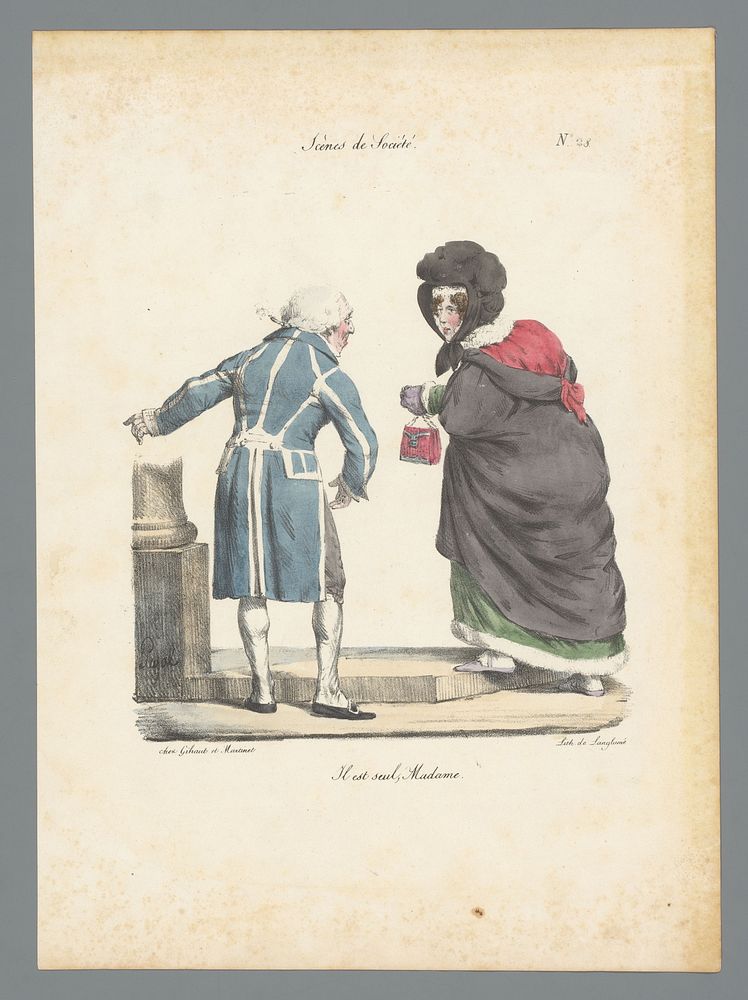 Vrouw in cape wordt door man in lange jas de weg gewezen (1823) by Edme Jean Pigal, Pierre Langlumé and Gihaut et Martinet
