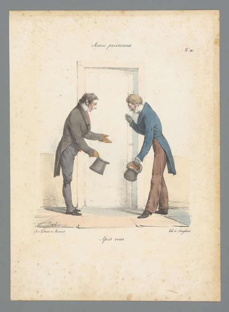 Man laat andere man voorgaan bij een deur (1825) by Edme Jean Pigal, Pierre Langlumé and Gihaut et Martinet