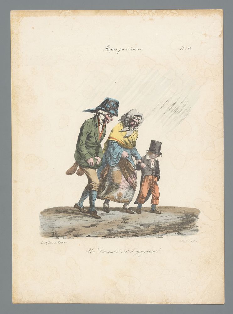 Man, vrouw en kind lopen door de regen (1825) by Edme Jean Pigal, Pierre Langlumé and Gihaut et Martinet